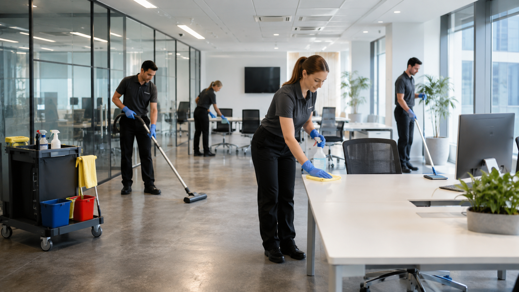 Commercial cleaning crew in a modern office